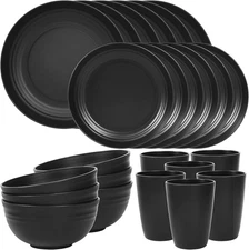 24 Piece Plates and Bowls Sets for 6, Unbreakable Dinnerware Sets, Plastic Dish 