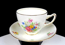 ADDERLEY ENGLAND FLORAL AND GOLD RIM 2 5/8" FOOTED CUP AND SAUCER SET