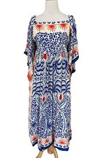 Farm Rio Small Afternoon Breeze Caftan Midi-Dress in White Blue $275 NEW