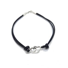 Pulsera de Plata de Ley 925 Corazones Sólidos con Cuero Sólido Sello 925