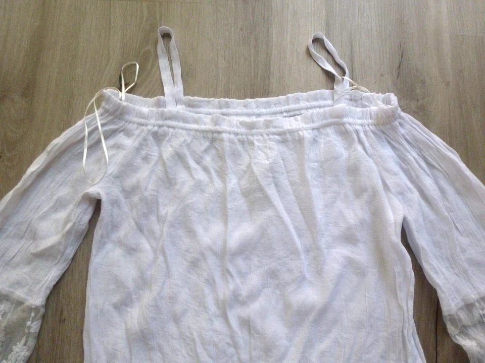 NY Collection Blouse Women's M White Floral Lace Boho Peasant Hole Sleeve Pic#4 Foto 3 de 4