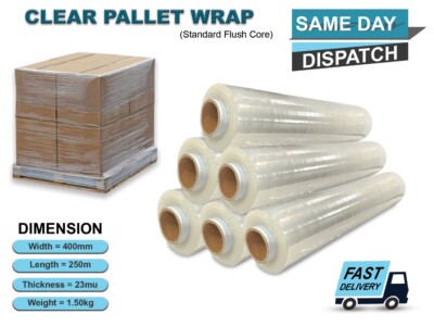 Produktbild von 6 Rollen Palettenfolie – Dehnfolie Klar 400mm X 750g, 23µ – Venuspackagingltd
