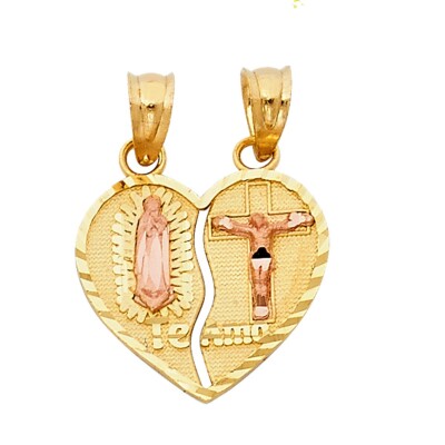 14K bicolor Gold religiöser Guadlupe Juses gebrochenes Herz Anhänger