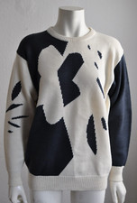 Louis London Pullover 50% Wolle Pulli schwarz weiß gemustert Vintage Gr 38 40