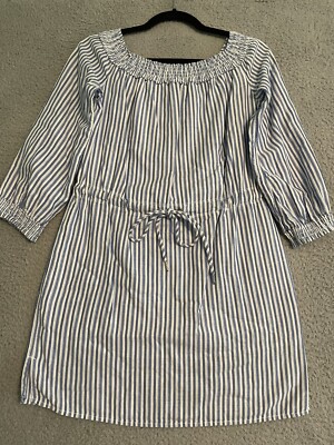 Rag & Bone Women's XS Drew Poplin Off-the-Shoulder Blue Stripe Drawstring Dress
