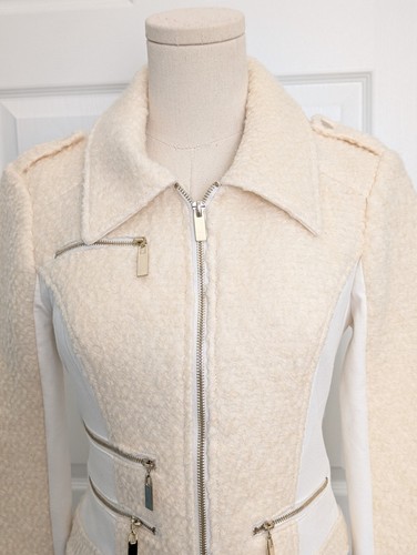 Bebe Jacket Women's Size XS Wool Blend Zipper Cropped Ivory Biker Military - Picture 2 of 10