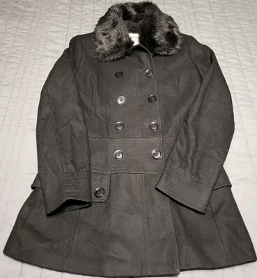 Esprit Wool Peacoat Womens S Black Black Detachable Faux Fur Collar Dbl Breasted