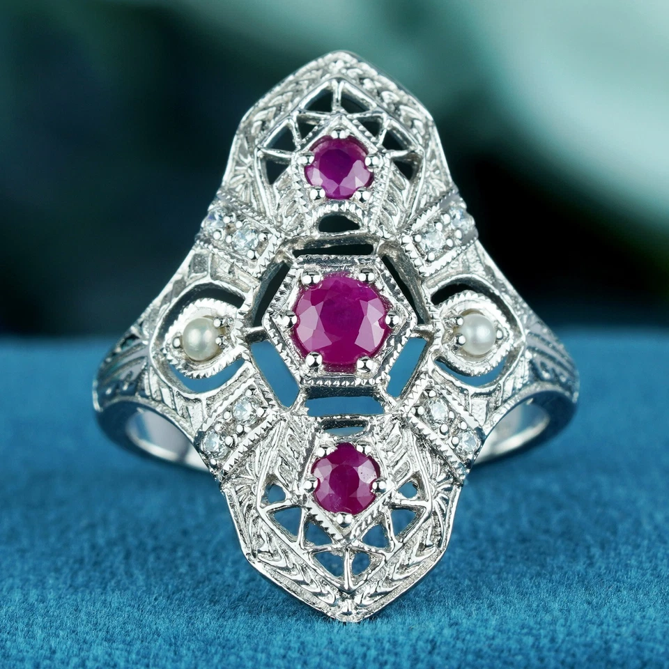 9K White Gold Genuine Ruby Pearl Diamond Art Deco Style Dinner Ring - Image 3 of 4