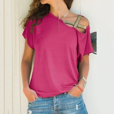  Damen Sexy schulterfrei T-shirt Kurzarm Party Sommer Bluse Pink Gr.S - Bild 1 von 2