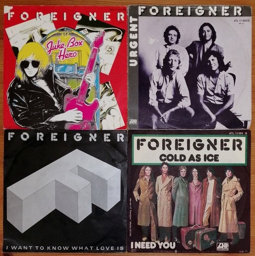 4x7" Vinyl Single: FOREIGNER Cold as ice + Urgent + Juke Box Hero + I want to ..