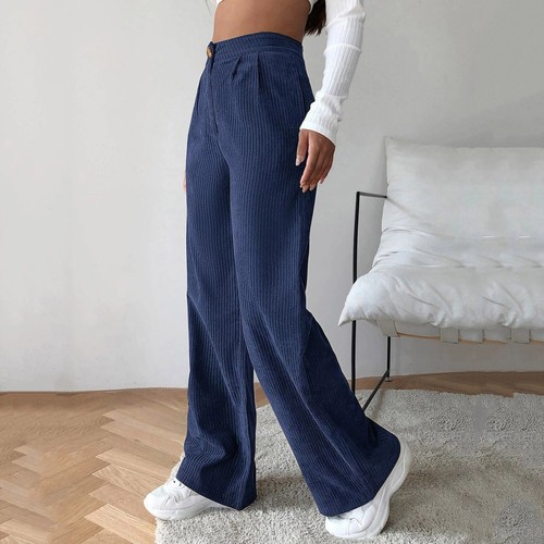 Women's High Waist Corduroy Pants Straight Loose Casual Workout Pocket Trousers - Picture 9 of 26