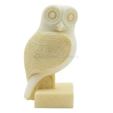 Statue Ancient Greek Alabaster Owl 4.17" - 10.60 cm Patina Cast Marble Mythology