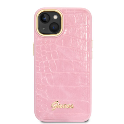 GUESS iPhone 15 14 13 Hülle Croco Case Cover Vintage Logo + Innenfutter Pink