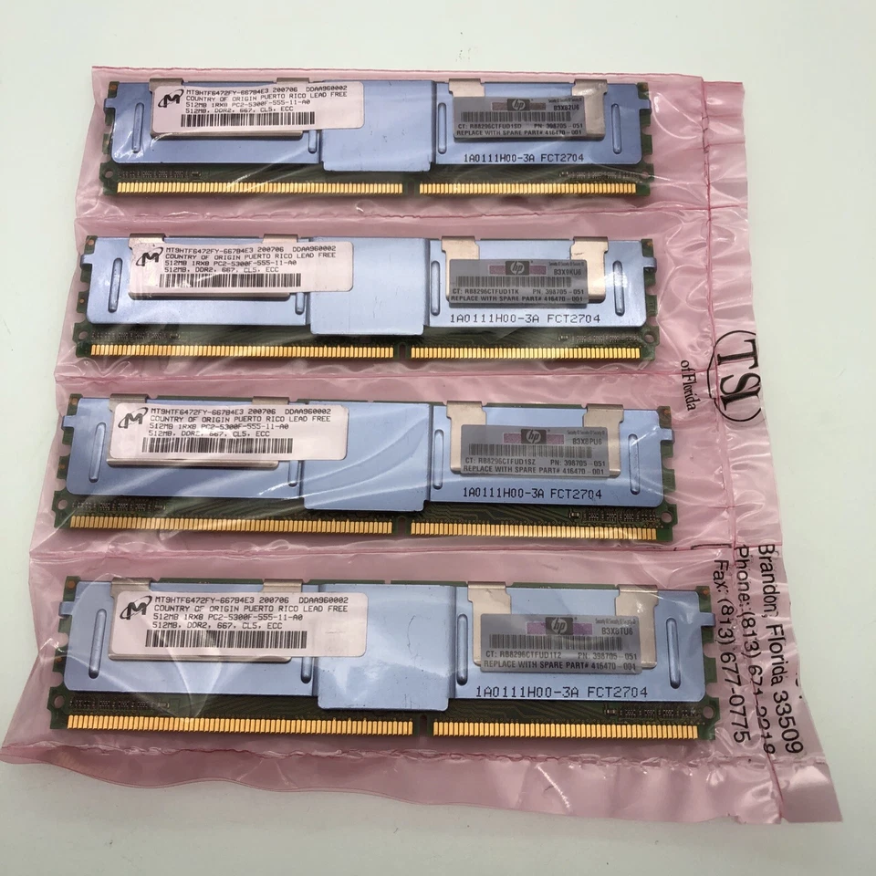 512MB DDR2 PC2-5300F 667MHz HP# 398705-051 Server Memory RAM 416470 ECC 512 MB - Image 2 of 4