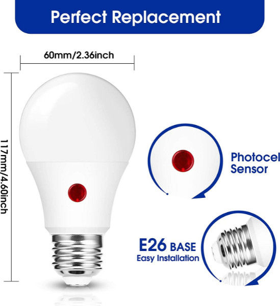 Dusk to Dawn Light Bulbs Outdoor A19 LED Bulb Daylight 5000K Light Sensor 60W