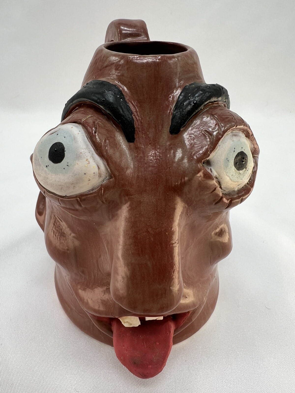 Vintage Face Head Jug Vase Handle Folk Pottery Devil Tongue Lips Teeth Eyes OOAK