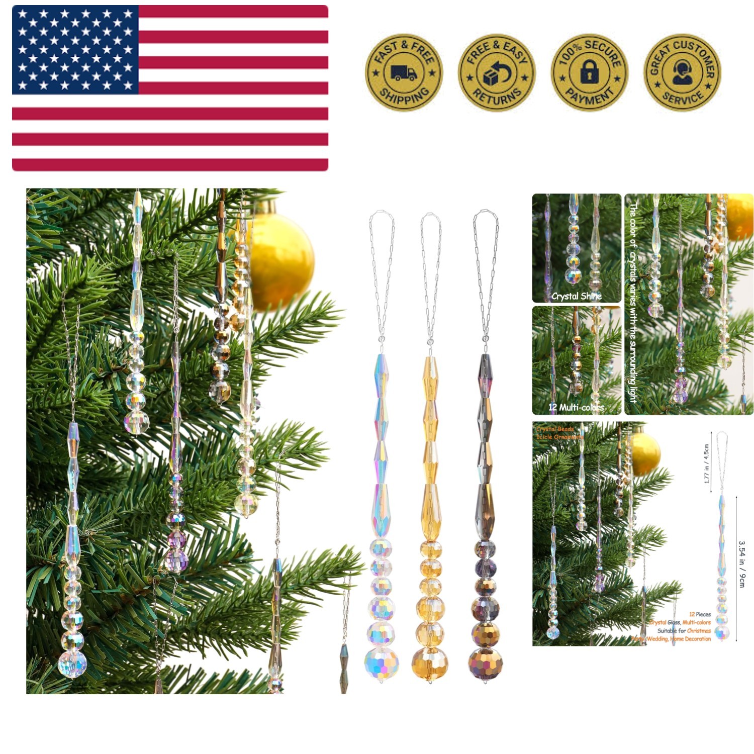 12pcs Crystal Icicle Christmas Tree Ornaments, Glass Beads Hanging Chandelier...