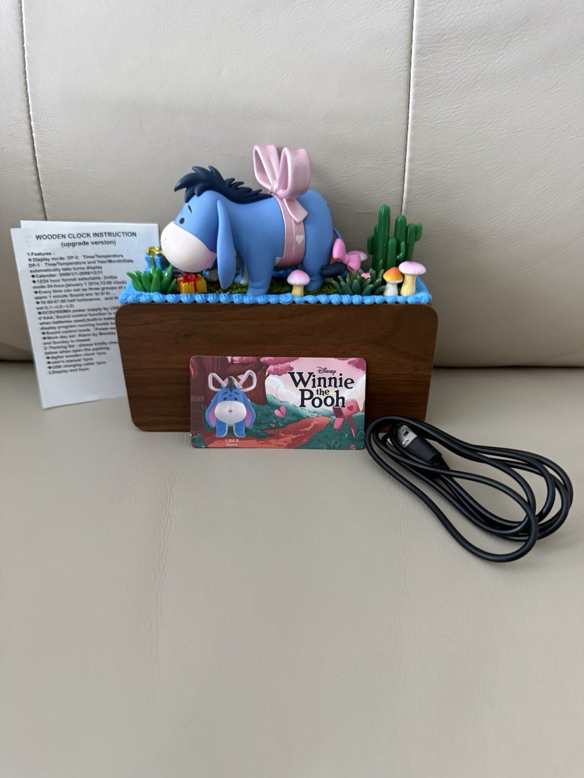 Hand Decorated Disney Winnie The Pooh Eeyore & ID Card Wooden Digital Clock New