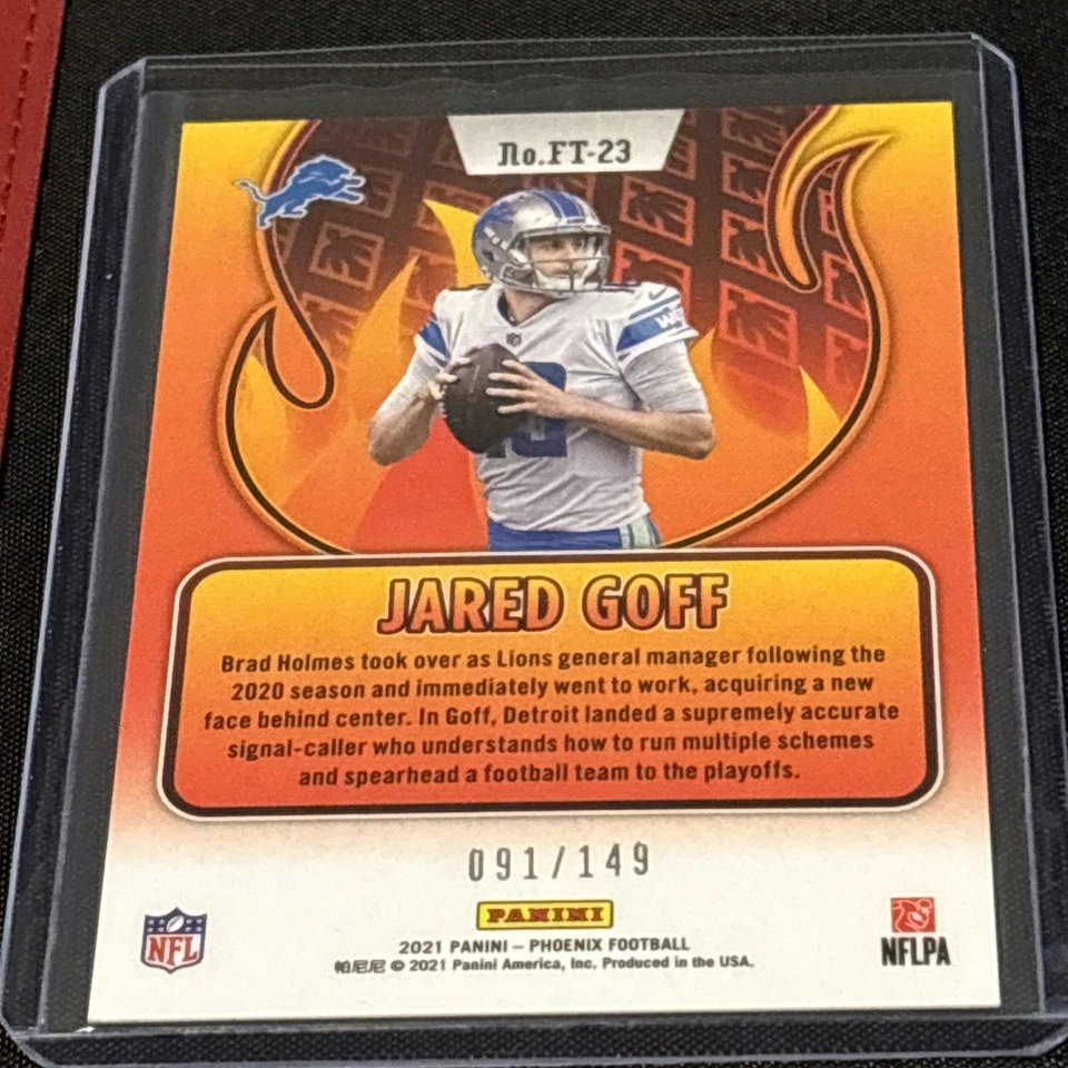 2021 Panini Phoenix #FT-23 Jared Goff Flame Throwers Teal #/149 Lions TC2257 - Image 2 of 3