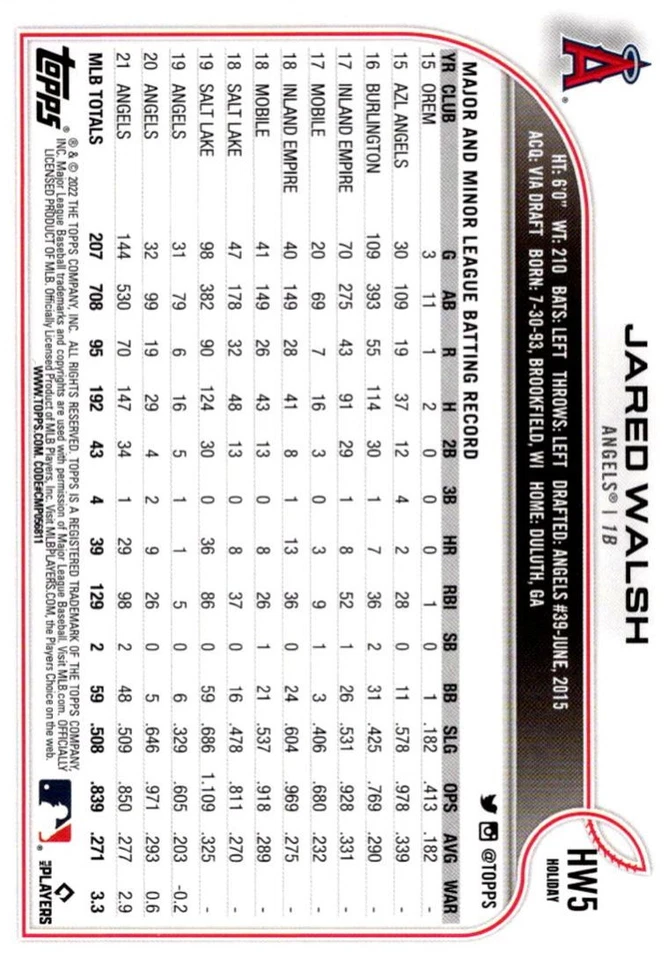 2022 Topps Jared Walsh Anaheim Angels #HW5 - Image 2 of 2