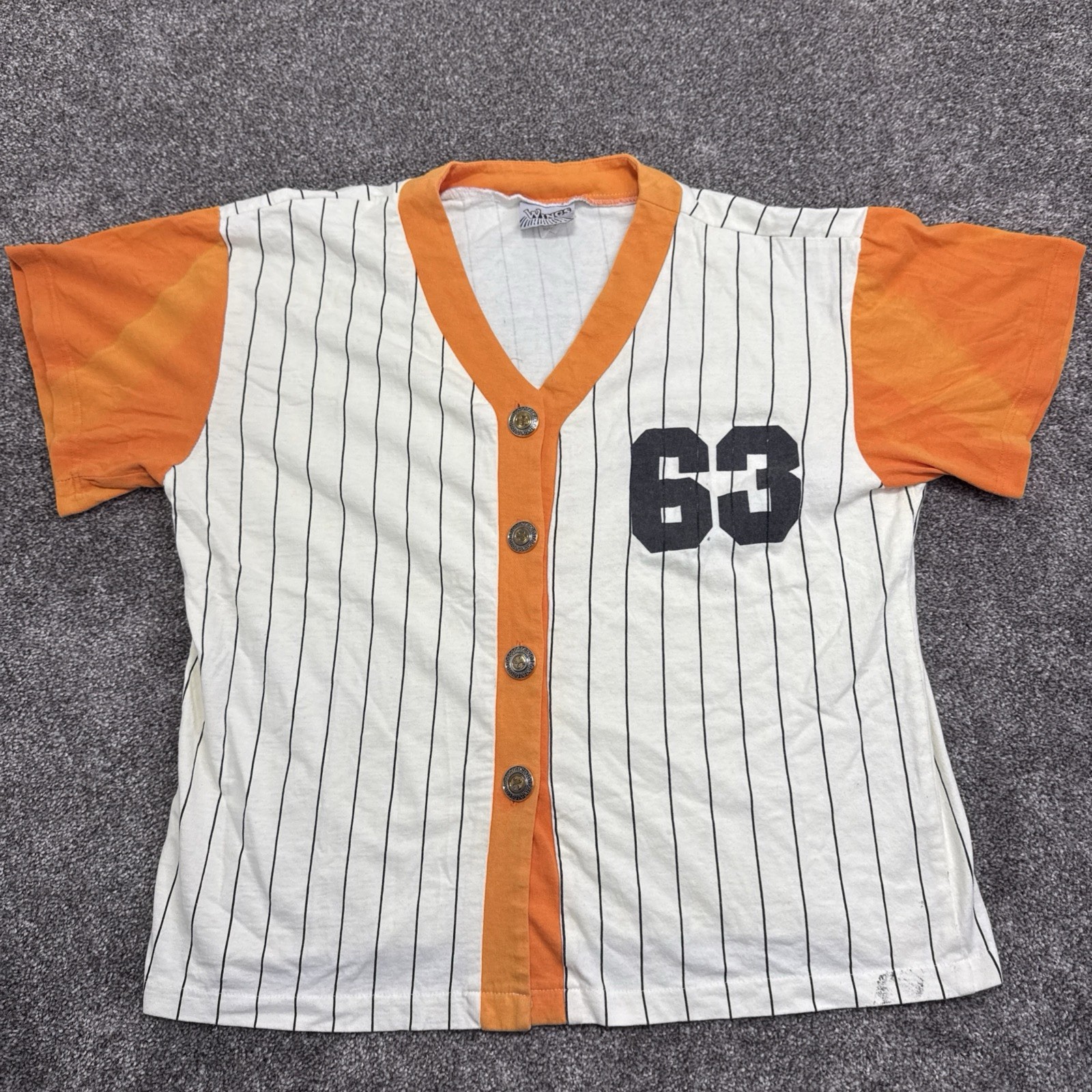 Vintage 80s 90s Wings Men's Baseball Pinstripe T-Shirt Size Large Orange Jersey