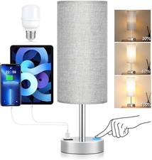 3-Way Dimmable Touch Lamp, USB C A Ports, Fabric Shade, Silver Base