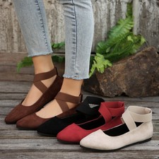 Womens Ladies Ballerina Ballet Dolly Pumps Flat Sandals Ankle Strap Shoes Sizes