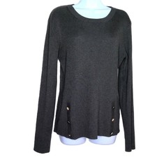 New T Tahari Gray Sweater Top Ribbed Gold Tone Logo Buttons Rayon Nylon NWOT L