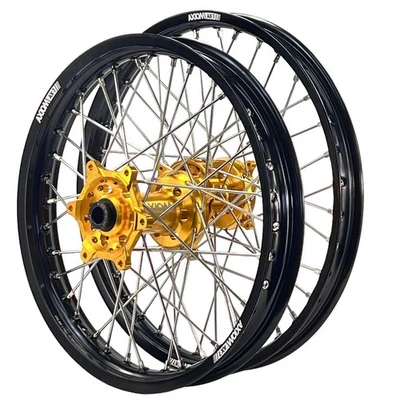 Suzuki RM125 2001-2011 Axiom Wheel Set 21/19 Black Rims Gold Hubs Silver Nipples - image 1 of 3