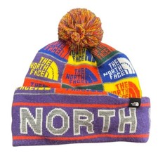 The North Face Youth Multi-Color Patchwork Logo Pom Beanie Knit Hat Purple OS