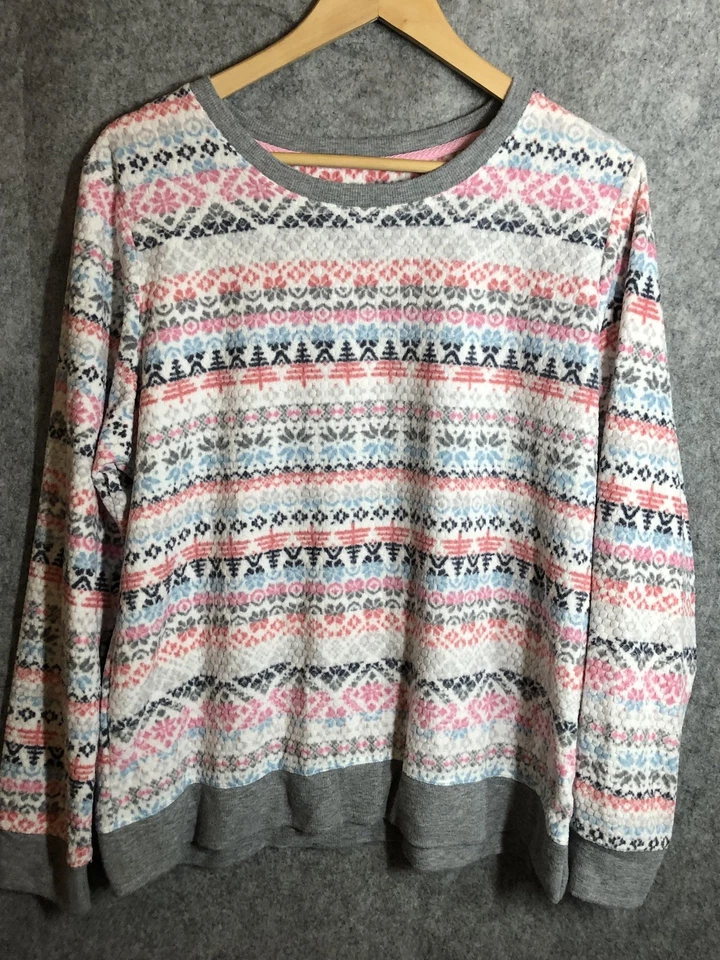 Cuddl Duds Pajama Set Womens Large Gray Pink Fair Isle Fleece Lounge 2pc - Image 2 of 4