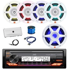 JVC Single DIN Marine BT Receiver, 4x 8" LED White Speaker, Sub, Amp,Accessories