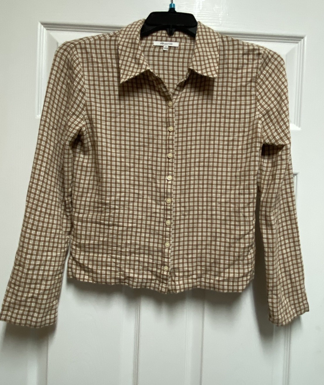 Madewell Gingham Button Front Shirt Women Size 4 Brown White Cropped Top
