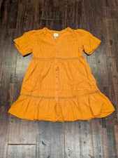 Yellow Boho Button Front Dress Womens Large Mustard Lace Window Ruffle Hem