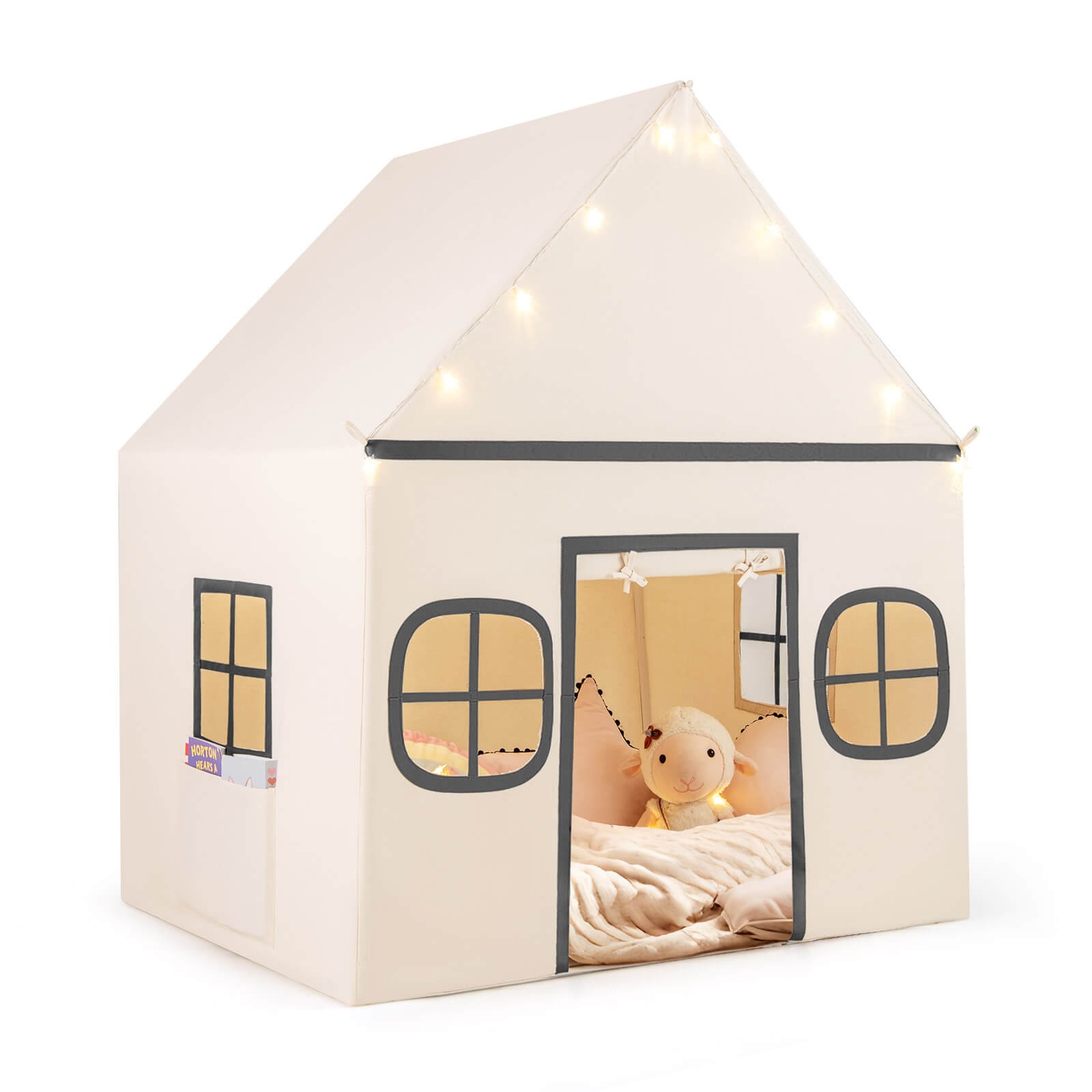Kids Play Tent with Padded Mat, Star Lights, Side Storage Bags, Door & Windows