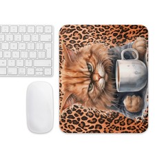 Premium Coffee Cat Mouse Pad   Water-Resistant Grumpy Cat with Leopard Print
