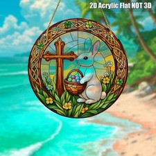 2D Vintage Celtic Cross Rabbit Acrylic Window Hanging Sign Easter Spring Decor