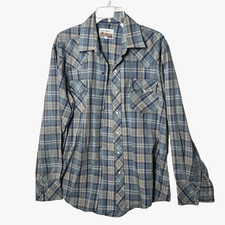 Vtg Western Pearl Snap Plaid Shirt Blue Distressed Cowboy Rodeo Grunge Oversized