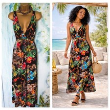 New Roman Tropical Maxi Dress Size 18 Petite Black Floral Holiday Stretch Summer
