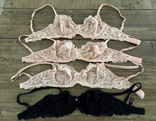 Victoria's Secret Dream Angels Lace Demi Bra 32D Black/Beige Underwire.