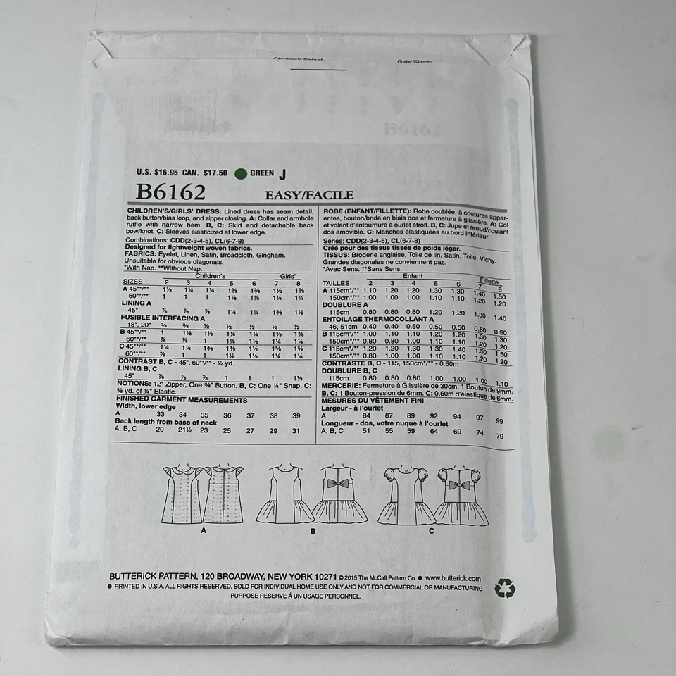 Butterick Sewing Pattern 6162 B6162 Child's Girl's Dress Size 2-3-4-5 Uncut - Image 4 of 4