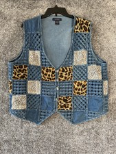 Vintage Denim Vest Womens 1x Patchwork Woven Lattice Animal Print 90s Plus Size