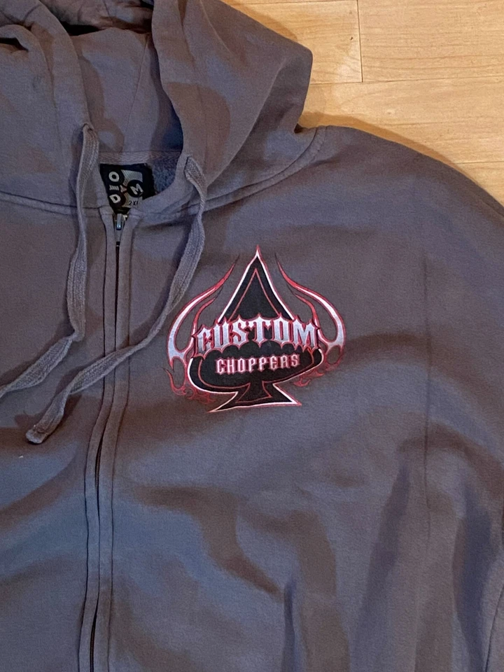 Chaqueta Choppers Personalizada con Capucha para Hombre, Cremallera Frontal, Gris, 2XL, Usada Foto 2 de 4