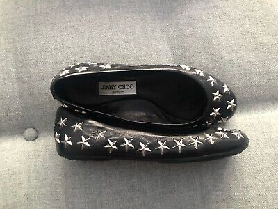 Jimmy Choo Ballet Flat SZ 37 7 6.5 BLK Leather Silver Star Jimmy Choo Ballet Flat SZ 37 7 6.5 BLK Leather Silver Star