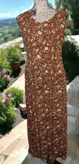 Wooden Ships of Hoboken Sleeveless Dress Large Button Front, Brown Floral Spring