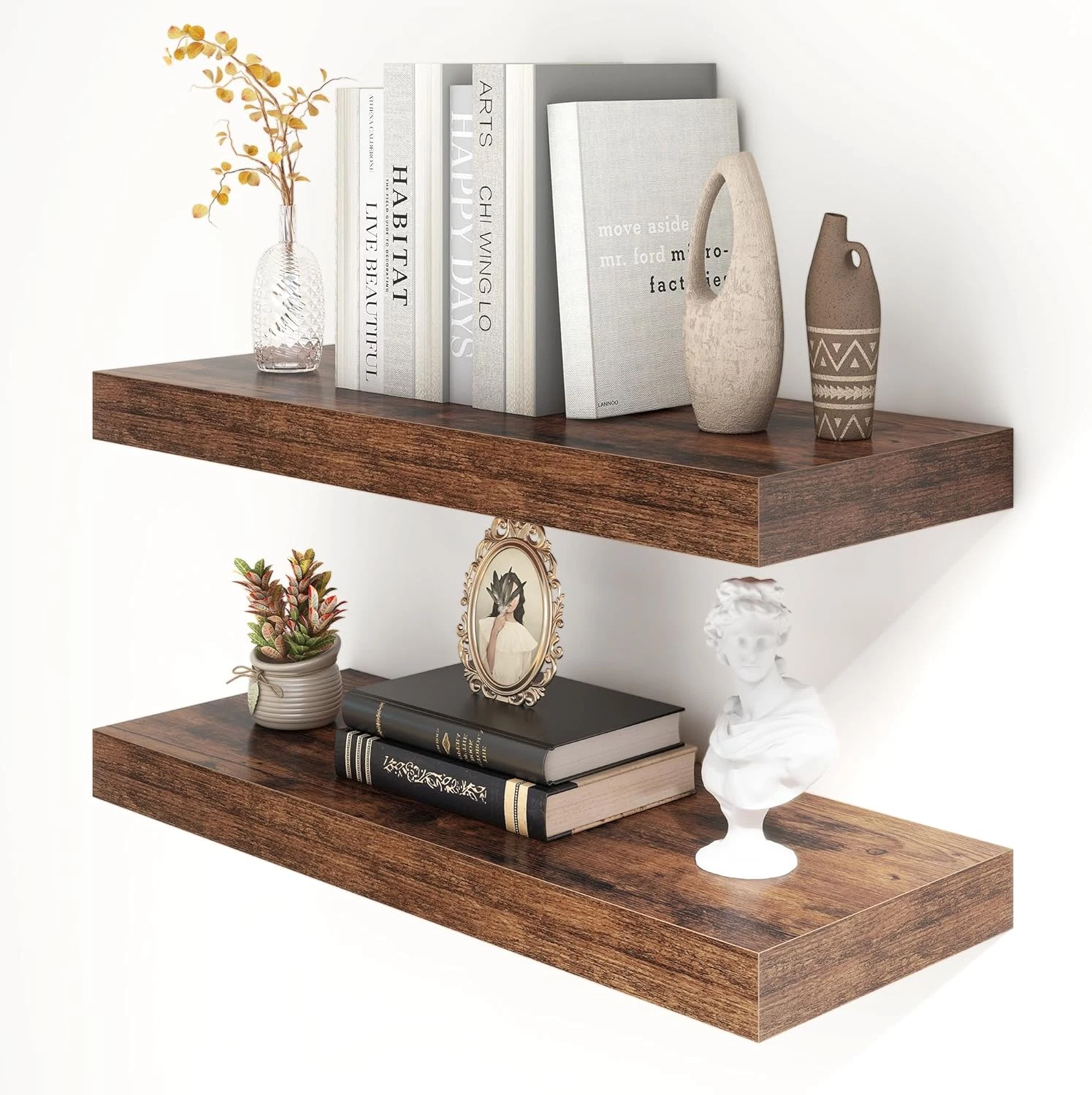 Rustic Brown 12" & 30" Floating Shelves Set of 2 for Home & Office Decor