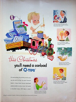 1957 Q-Tips Print Ad Toddler Riding Toy Train Cat Dog Christmas Drum Mistletoe