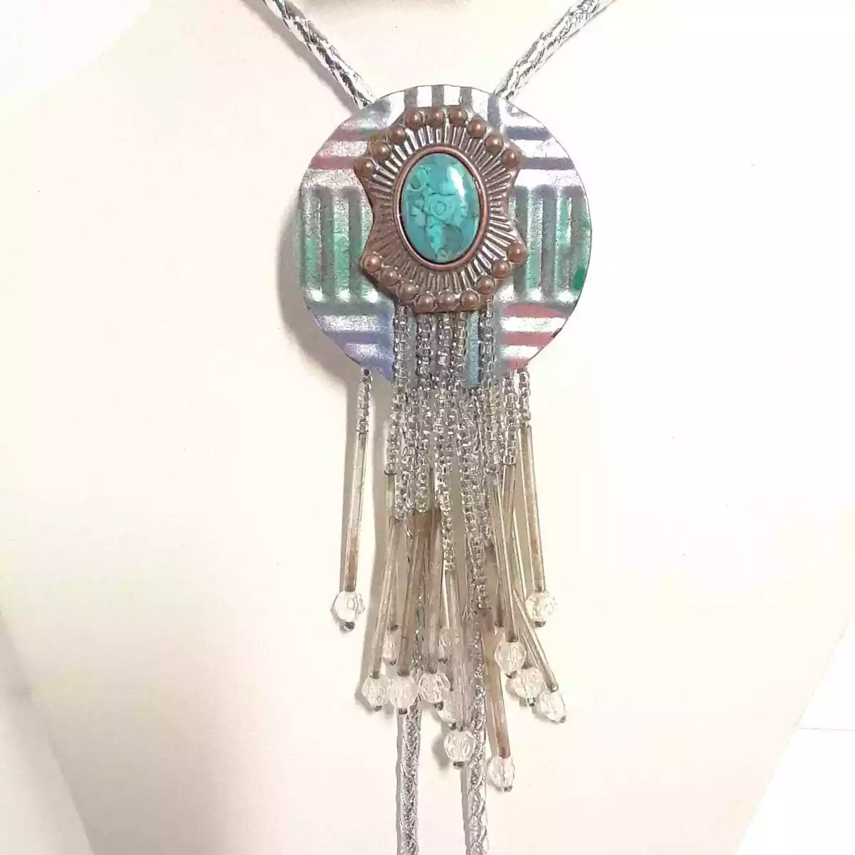 Vintage 90s Bolo Tie Faux Turquoise Metal Beaded Fringe Western Silver Necklace