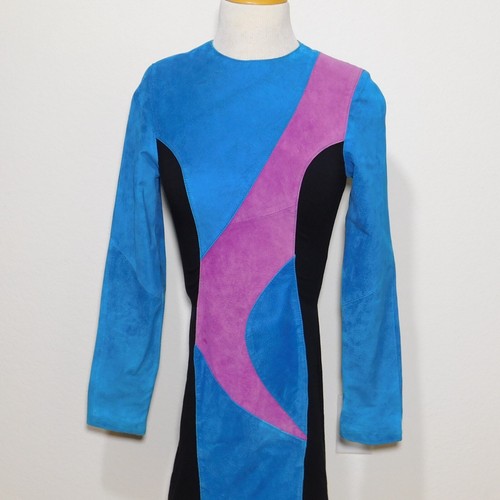 Vintage 1990s Leather By WILSONS Suede Blue Pink Long Sleeve Mini Dress Small - Picture 2 of 21