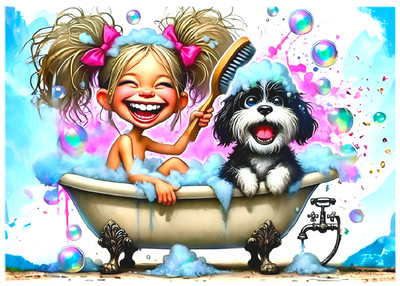 CUTE PUPPY BATH * Custom ACEO * Fun Novelty * WHIMSICAL * Art Card * ATC